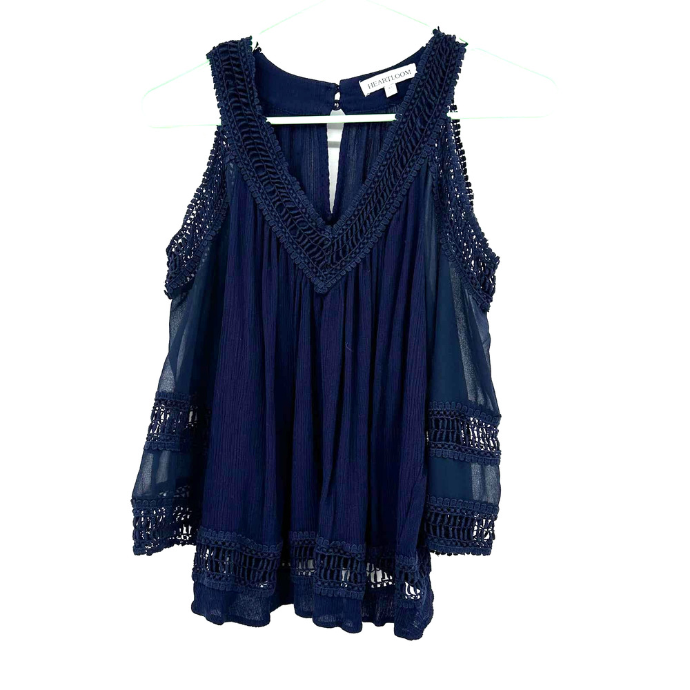 Heartloom sizs XS blue cold shoulder blouse crochet trim detail v neck